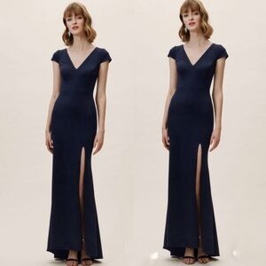 Anthropologie BHLDN Ara Long Formal Cap Sleeve Leg Slit Navy Blue Dress Size 14